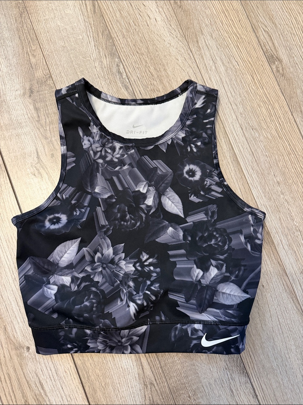 Nike Black & Gray Floral High-Neck Crop Sports Bra